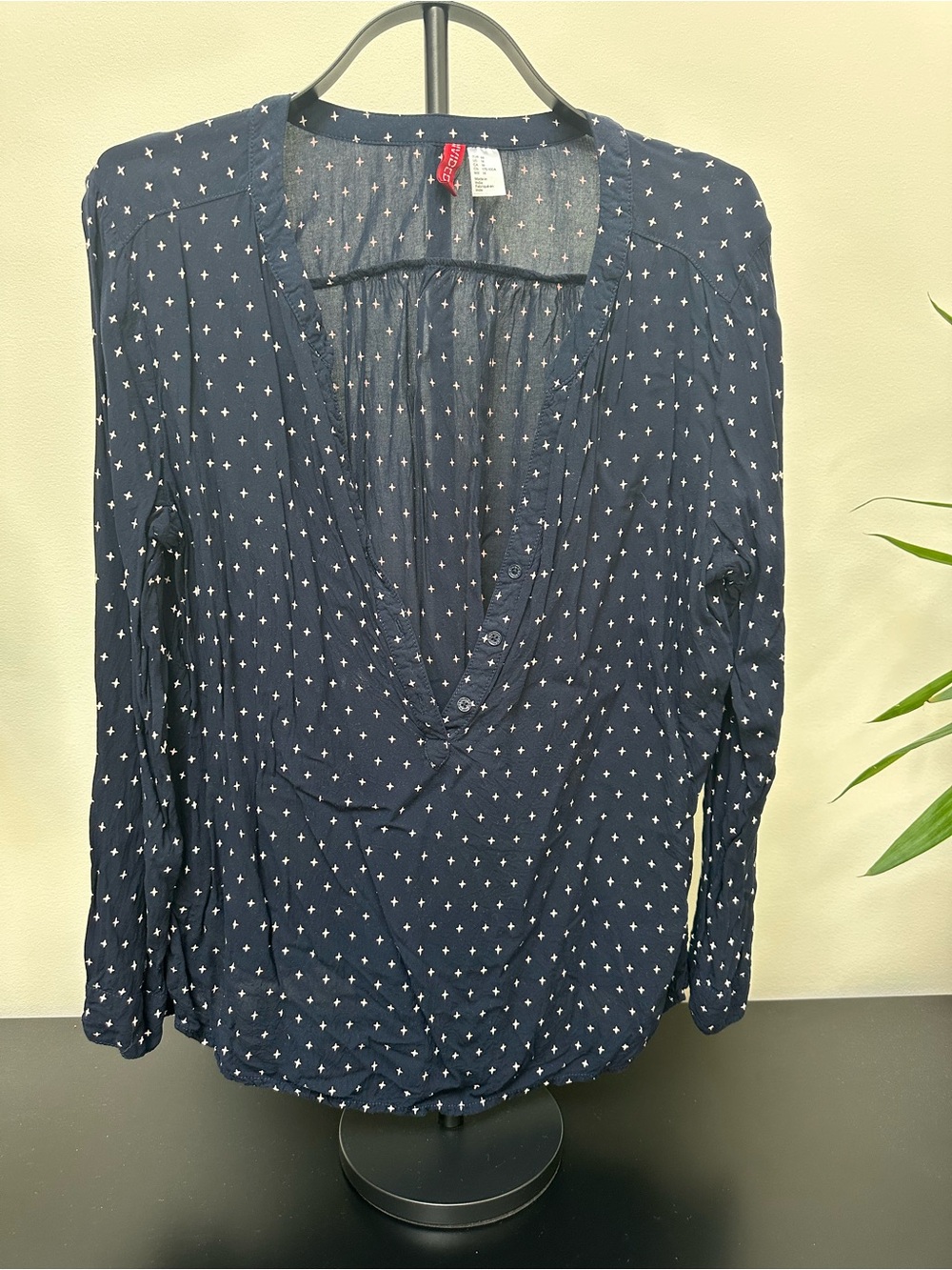 H&M Navy Blue Long-Sleeve V-Neck Button Blouse with White Micro Dots